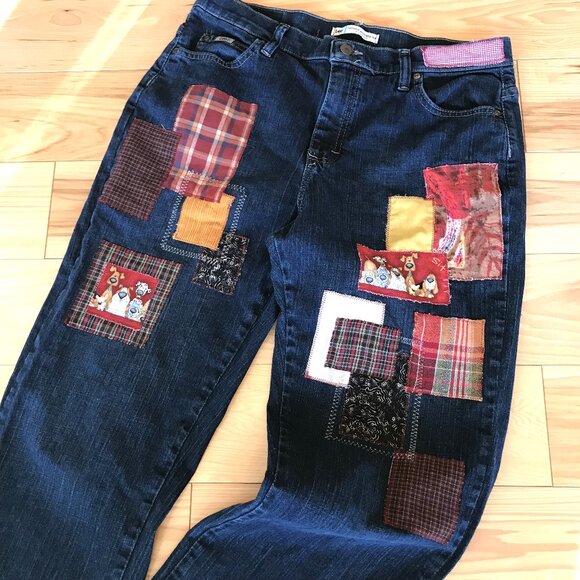 Upcycled Patchwork Jeans: Boho Distressed Denim with Puppies, Size 12 Short - Picture 1 of 13
